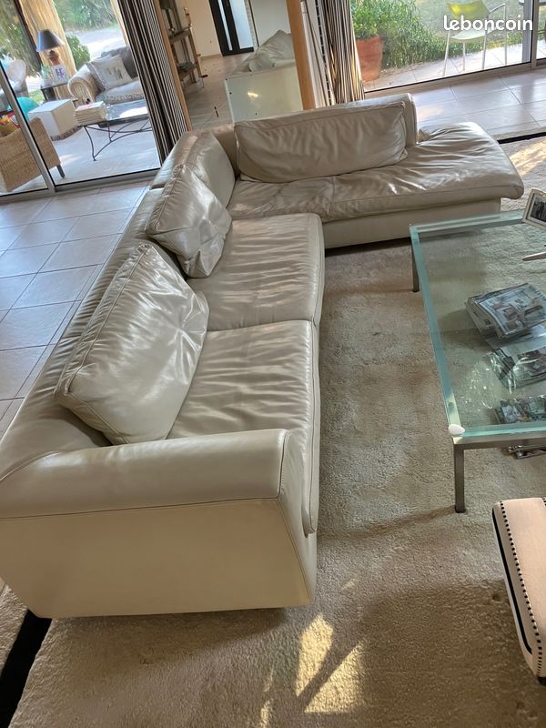 Vente canapé blanc cassé avec méridienne + pouf (image 6)