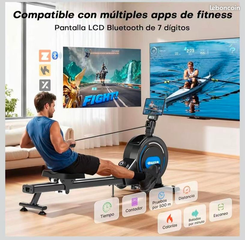 Rameur D'Appartement DMASUN - Résistance Magnétique 16 Niveaux, Double Rails, Écran LED, App - Capacité 160 Kg
