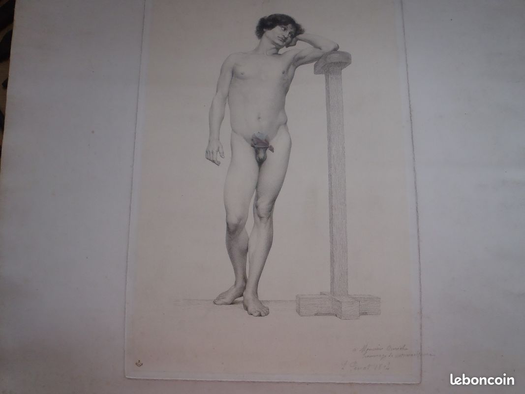 Ancienne grande gravure 1894 homme nu signee lucien penat et dedicacee FAIRE OFFRE (image 2)