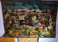 Tapisserie Murale Vintage Chasse à Cheval - 24x32" - Velours Vert - Signée Corona Decor