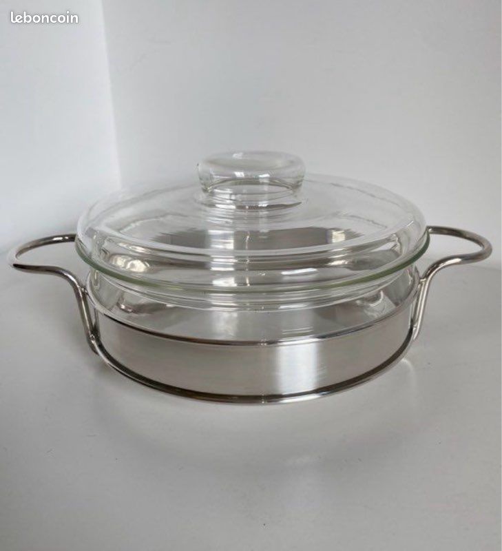 7~ Cocotte/Plat en Verre/Métal argenté SCHOTT (image 1)