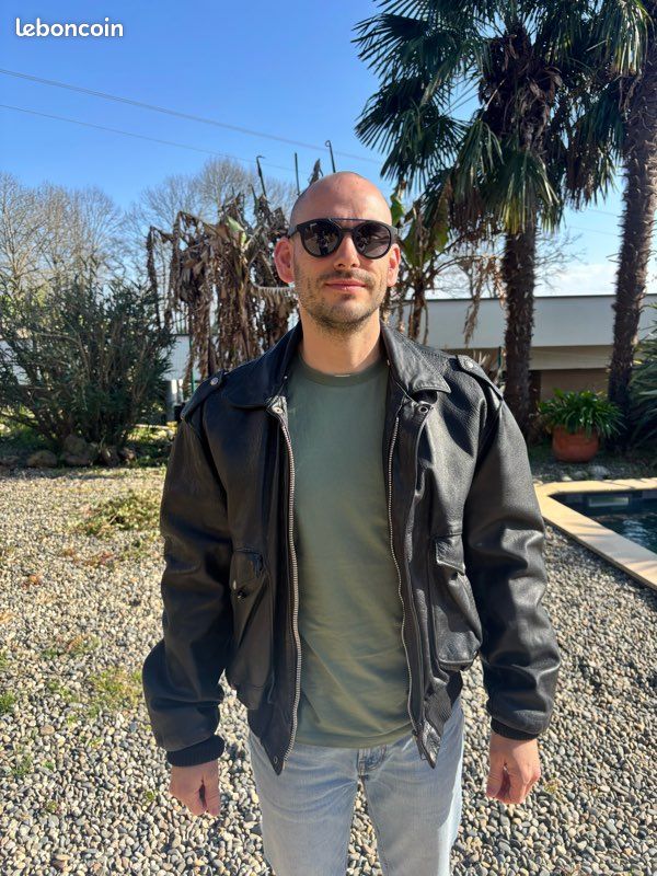 Blouson Spencer Vintage En Cuir Marque JAPA - Taille 38 Kaki, Occasion Très Bon état