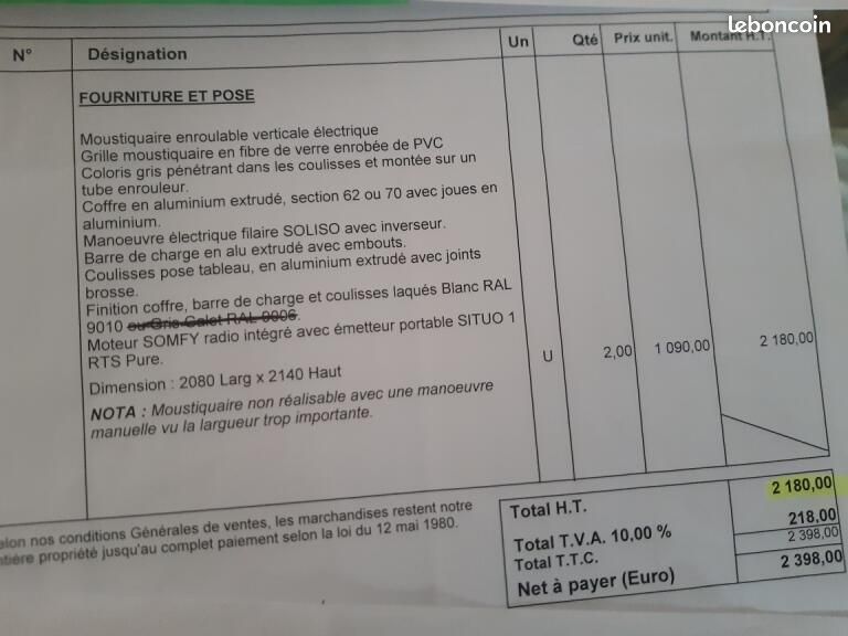 2 moustiquaires enroulables électriques pour portes fenêtres 2,08 m large x 2,140 m haut SOMFY (image 3)