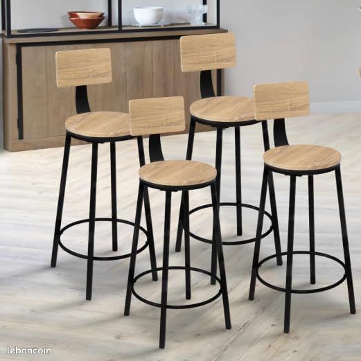 Lot de 4 Tabourets de Bar avec Dossier Design Industriel Bois et Noir (image 5)