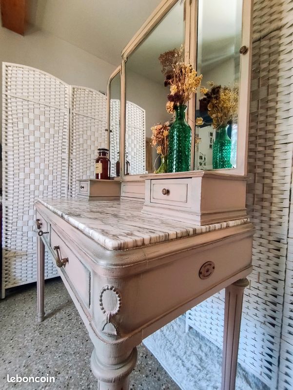Coiffeuse Vintage avec 7 Tiroirs et 3 Miroirs, Coiffeuse Rétro avec 1