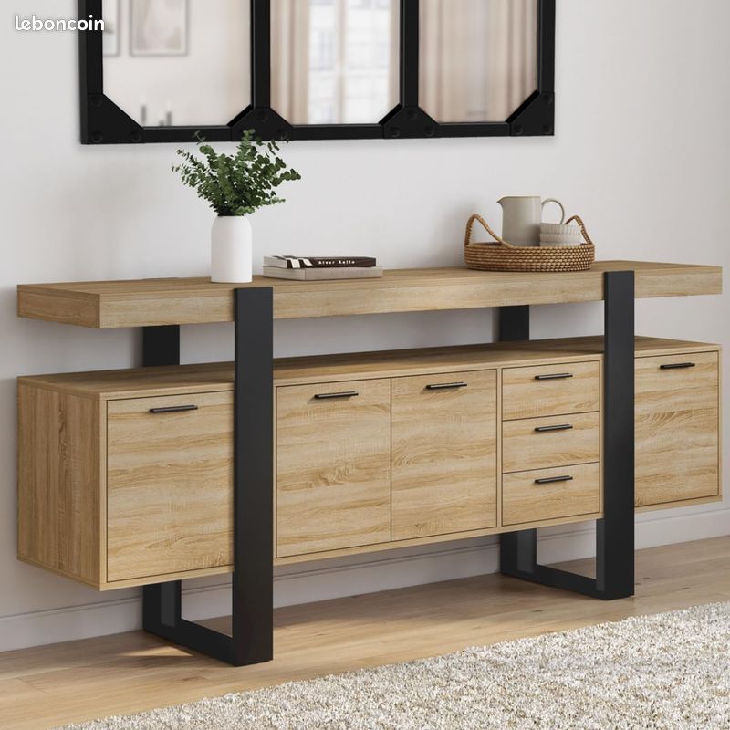 Grand Buffet XXL 180 cm – Design Industriel Loft – 4 Placards & 3 Tiroirs – Finition Bois et Noir – Grande Capacité de Rangement – L.180 x l.40 x H.80 cm (image 5)