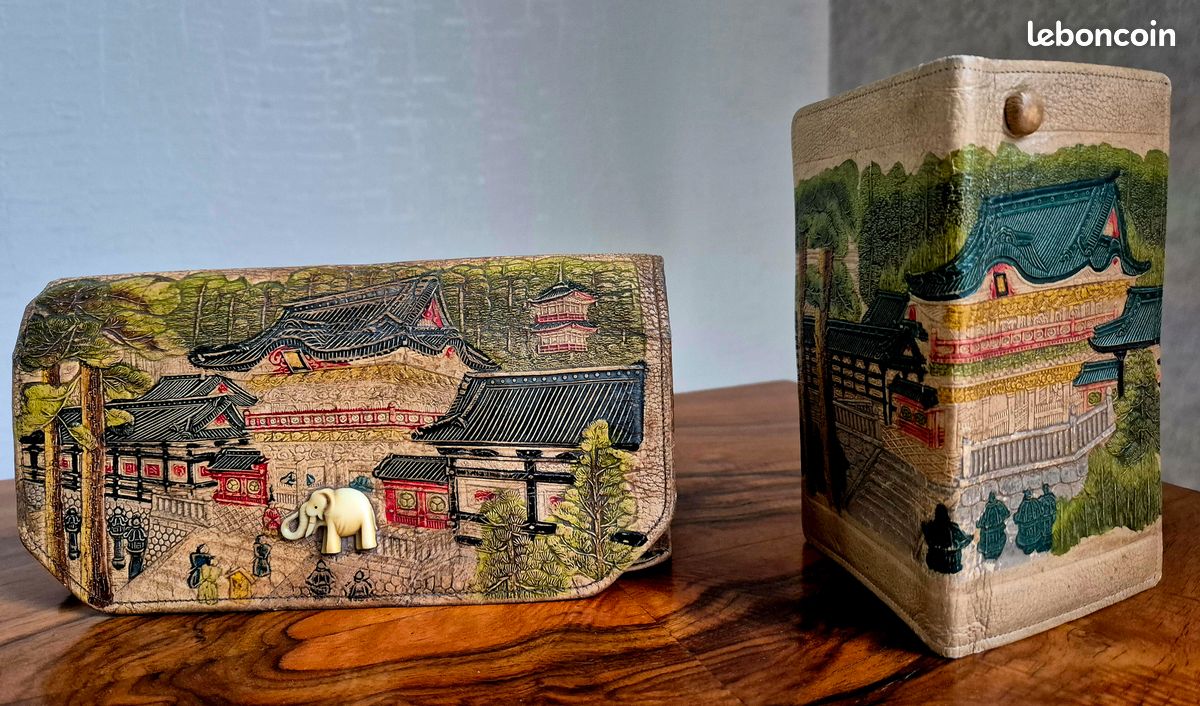 Sac à main Pochette japonais 1920 Art Déco en cuir peint en