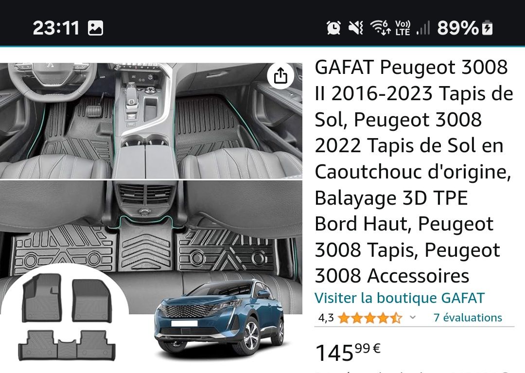Peugeot 3008 II 2016-2023 Tapis de Sol neuf, en Caoutchouc d