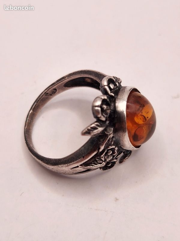 Bague Ancienne En Argent Massif 925 - Avec Ambre - Alliance Ou Anneau Créateur