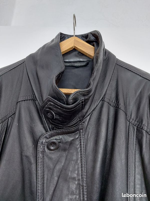 Manteau En Cuir Pleine Fleur Taille XL - Noir, Style Trench, Neuf Sans étiquette