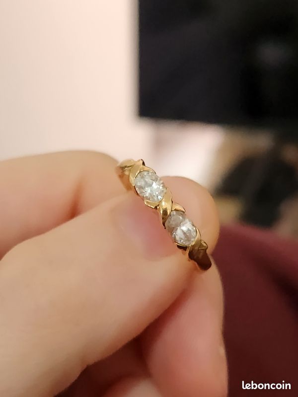 Bague Ancienne Plaquée Or Taille 60 - Avec Cristaux Et Poinçons, Bijou Vintage Femme France
