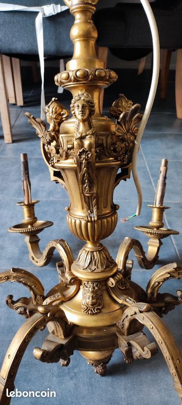 Lustre Louis XV Rocaille 4 Bras Laiton - XIXe Siècle - Doré à L'or Fin