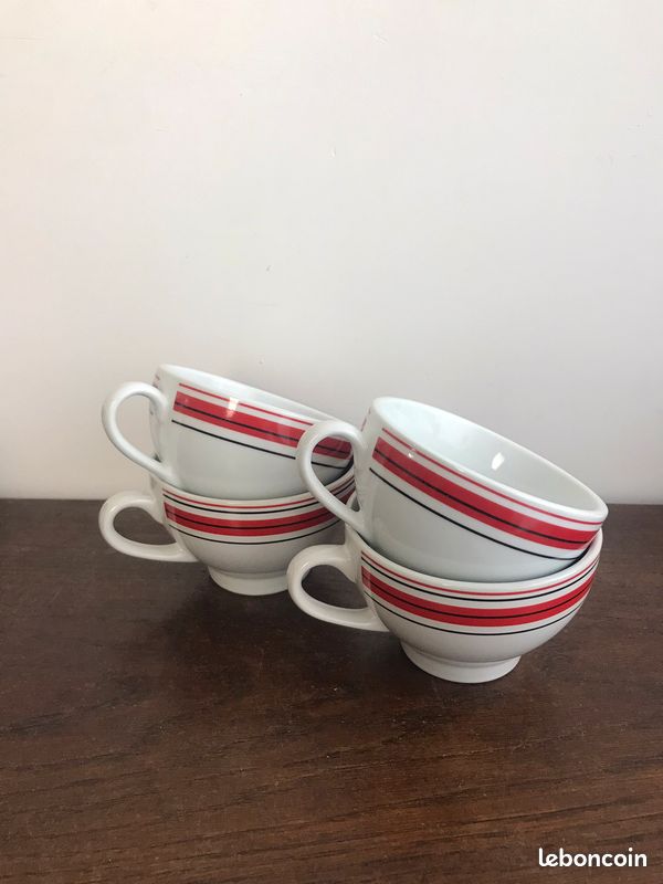 4 bolées à cidre vintage avec lignes rouges et noires (image 1)