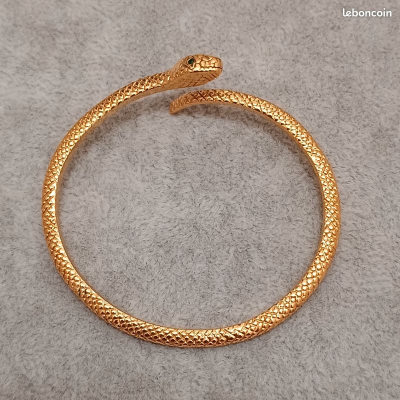Bracelet Jonc Serpent En Plastique Jaune - Tête Et Queue Dorées, Occasion Bon état