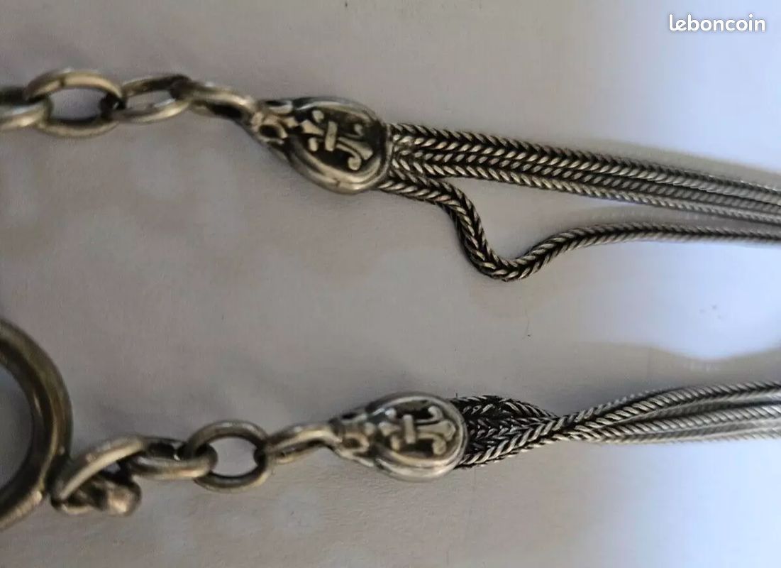 Chatelaine Ancienne En Argent Massif Sterling - Chaîne De Montre Vintage Des Années 70, Fait Main En France