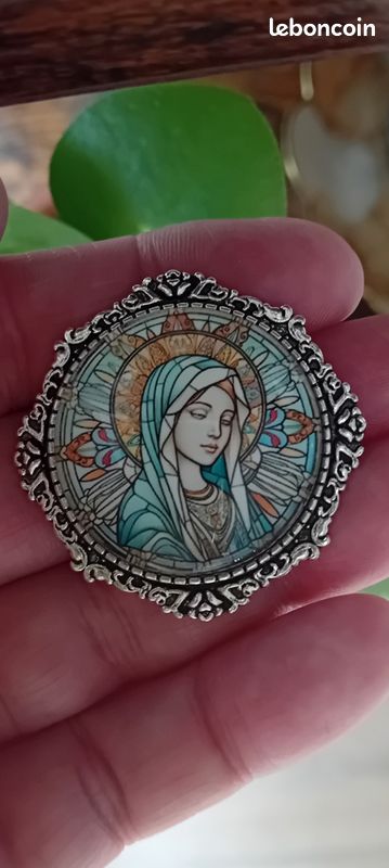 Broche Ancienne Vierge Marie Art Nouveau 1900 - Métal Argenté, 3,6 X 2,3 Cm, Bon état