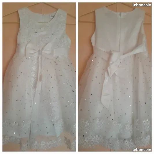 Robe de cérémonie blanche à paillettes et perles – Fille 6 ans (image 1)