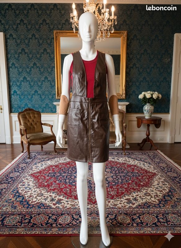 ✨salopette mini jupe simili cuir marron pièce unique 🤎 Vêtements