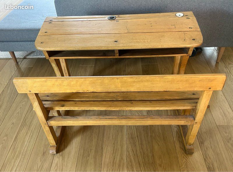 Bureau d’écolier 2 places, avec porte plume et encrier (image 2)