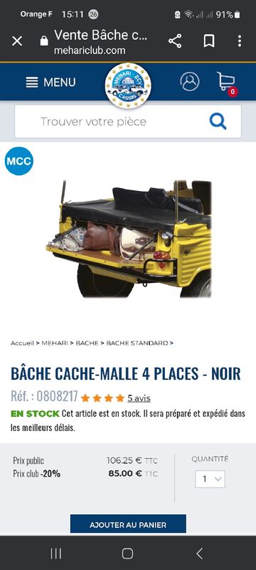 BÂCHE CACHE MALLE 4 PLACES POUR MÉHARI