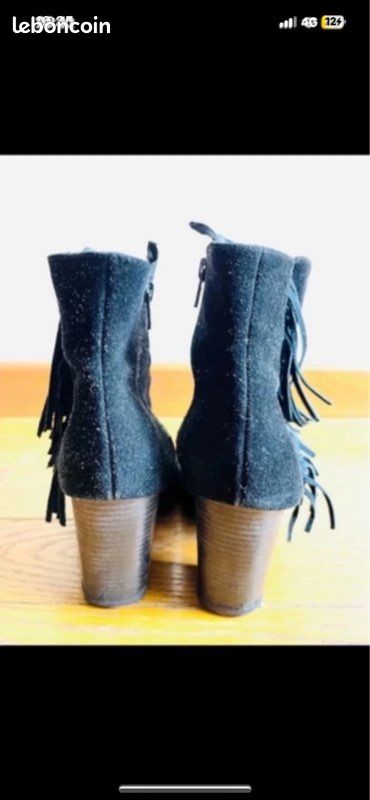 Sublime bottines noir en cuir à talon taille 40 avec frange