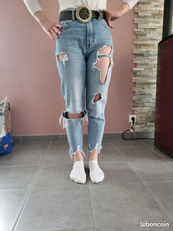Jean Stradivarius Taille Basse Déchiré – Bleu – Taille S (Femme)