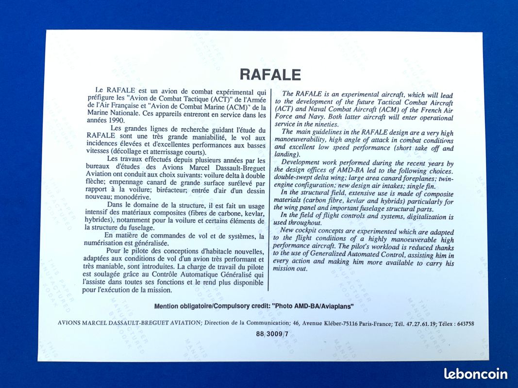 Rafale A en vol - Photo de presse Dassault 1988 (image 2)