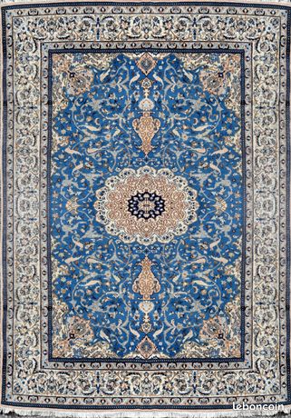Tapis Persan Nain Noué Main - 133x90 Cm - Laine 100% - Bleu Motif Oriental