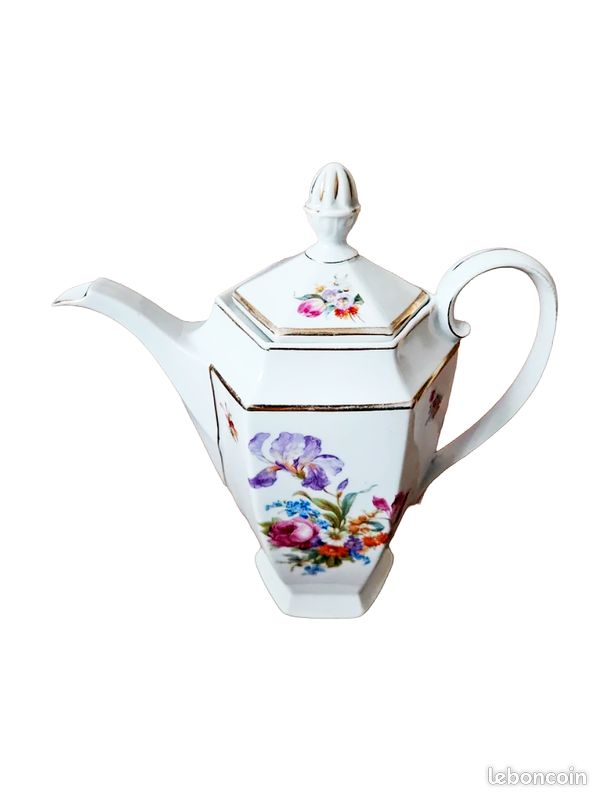 Ancienne théière cafetière en porcelaine fine Epiag Tchécoslovaquie authentique art déco de style bohème chic shabby chic avec décor floral raffiné et dorure à l'or fin collection art de la table (image 3)