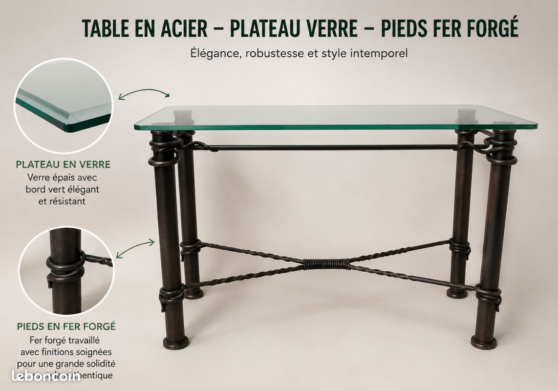 Table basse fer forgé plateau en verre (image 1)