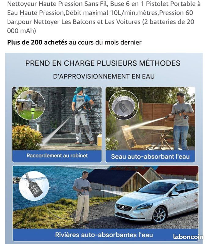 Nettoyeur Haute Pression Sans Fil - 90 Bar Max - Buse 6 En 1 - Tuyau 5 M - Pour Voiture, Terrasse, Jardin, Animaux