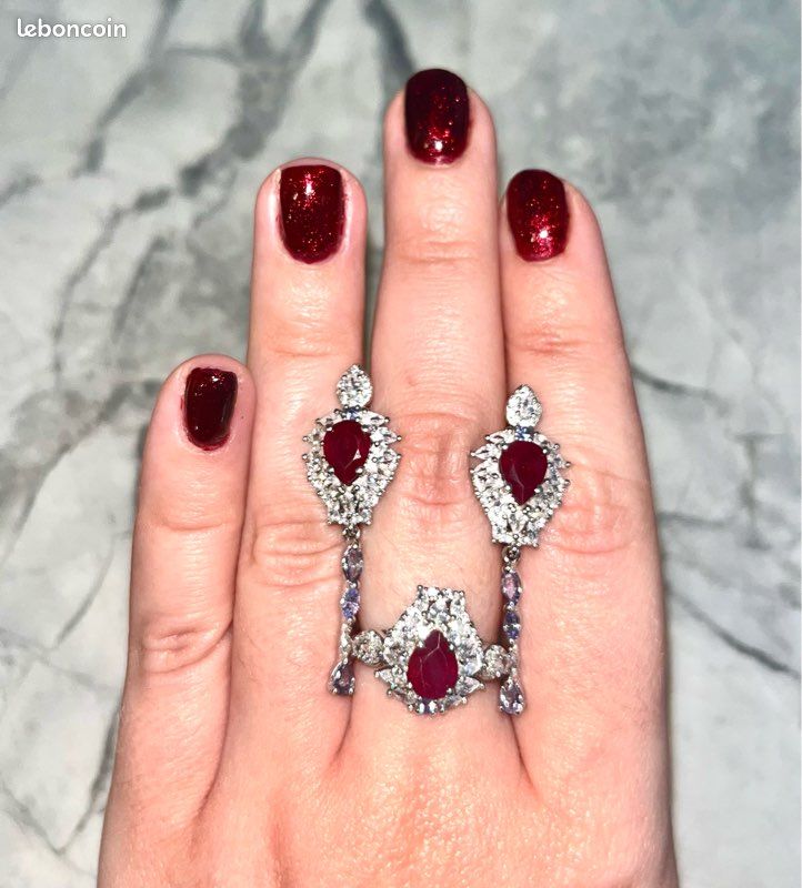 Parure rubis – bague fr 54 & boucles d’oreilles plaqué or (image 1)