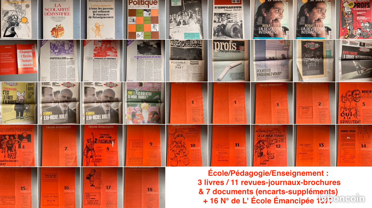 École/Pédagogie/Enseignement : 3 livres / 11 revues-journaux-brochures & 7 documents (encarts-suppléments) + 16 N° de L' École Émancipée 1977 (image 1)