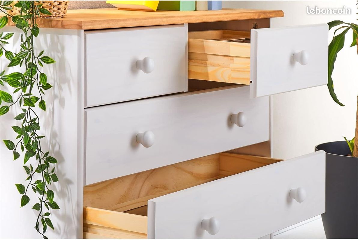 Commode de Chambre en Pin Massif – 5 Tiroirs de Rangement – Finition Bicolore Blanc & Brun Lasuré – Style Authentique et Robuste (image 4)