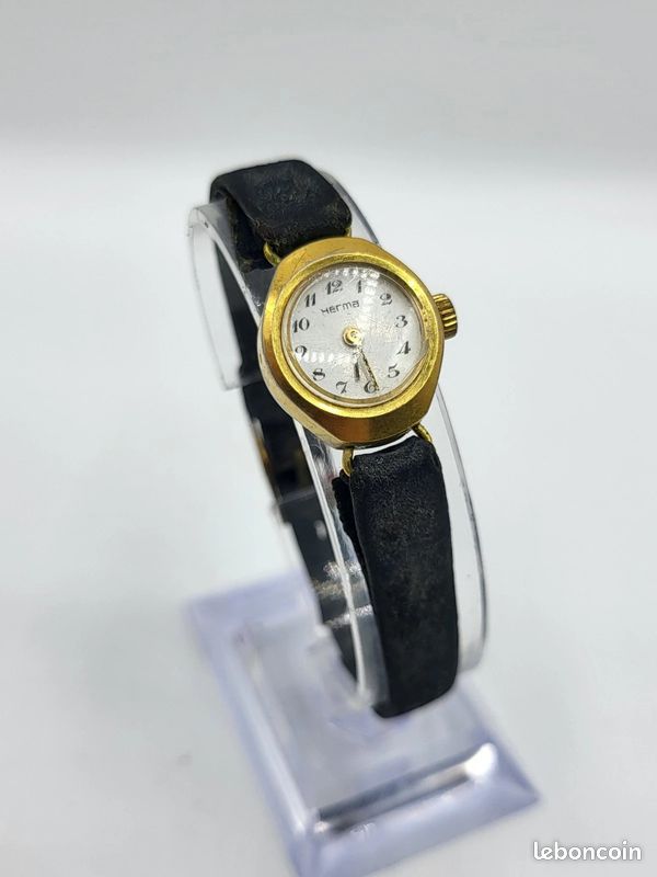 XB – Montre Vintage Herma Femme Plaqué Or Bracelet Cuir Fonctionnelle (image 2)