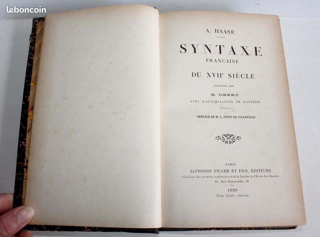 SYNTAXE FRANCAISE DU XVIIe S. De HAASE TRADUIT par OBERT + PREFACE de JULLEVILLE 1898 (image 2)