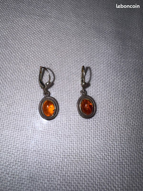 Boucles D'oreilles Vintage Années 70 En Ambre Et Argent Sterling - Avec Coffret