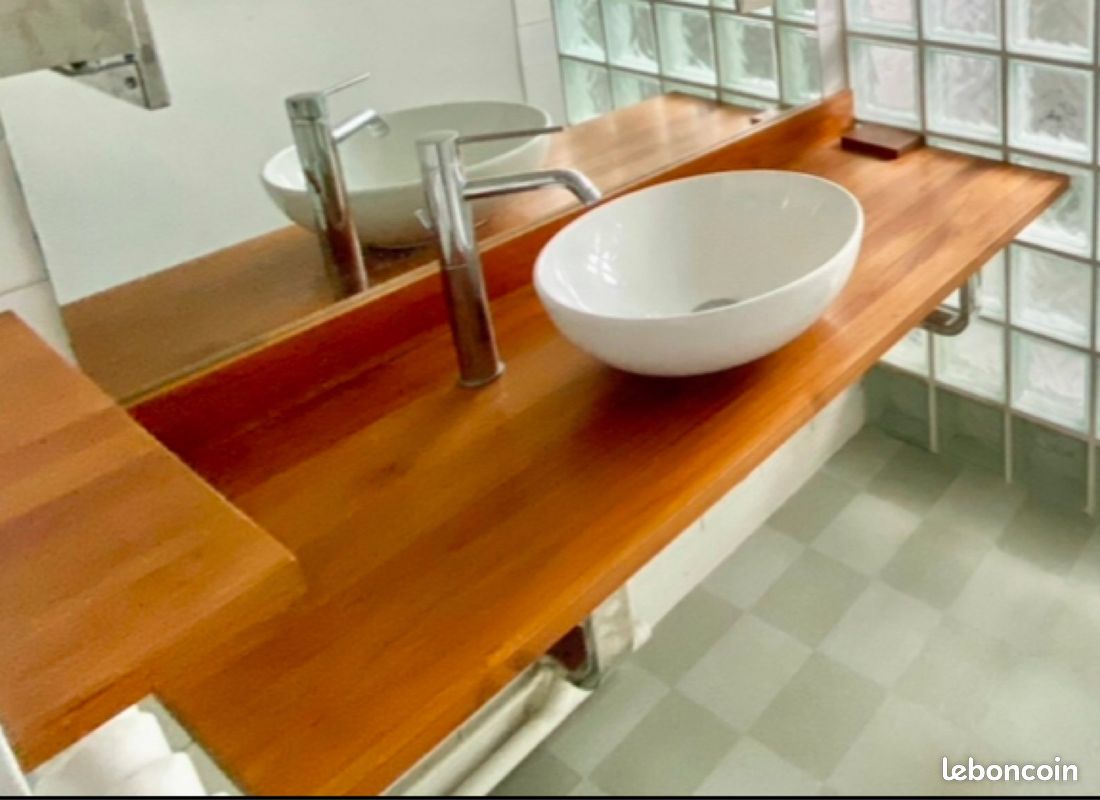 Plan salle-de-bain en teck + tablette (image 1)