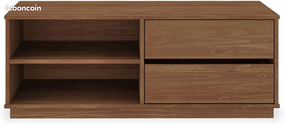 Meuble TV en Pin Massif Châtaignier – 110 cm – 2 Tiroirs & 2 Niches – Design Naturel & Robuste pour Écran jusqu'à 47 Pouces (image 2)