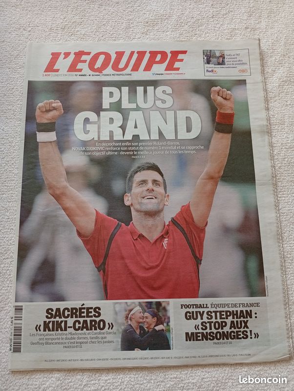 L'EQUIPE 10/06/2023 DJOKOVIC Alcaraz Demi-Finale Roland Garros 2023