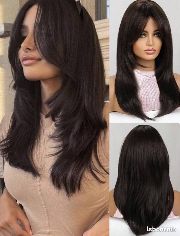 Perruque Synthétique Longue Brune Foncée Lisse - Bonnet Moyen, +4 Bonnets Offerts, Neuve Sans étiquette