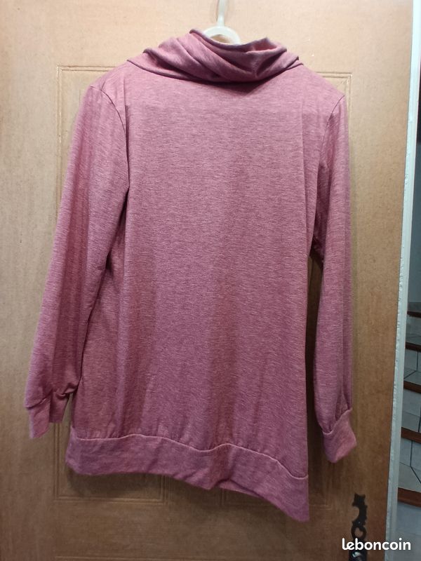 Pull fin manches longues rose chiné col boule (image 4)