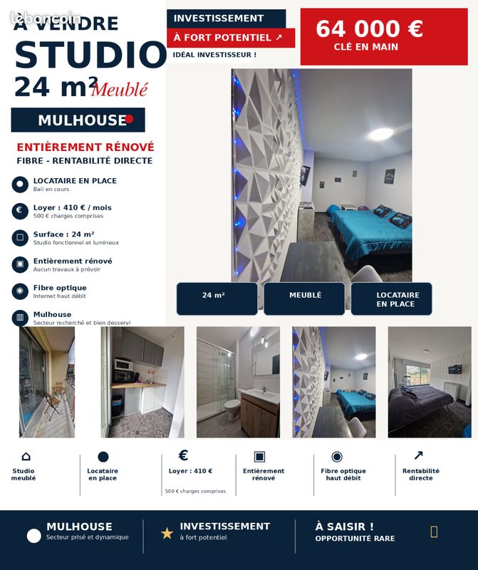 Appartement 1 pièce 24 m² · à Mulhouse · 24 m² · 64 000 €
