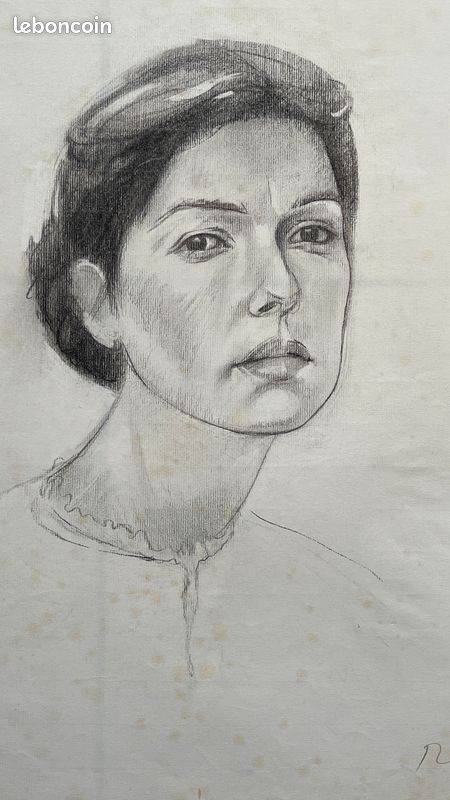 René RICHETIN (1923-2008) Grand dessin Portrait d'une princesse () Signé au crayon (70') COBRA (image 1)
