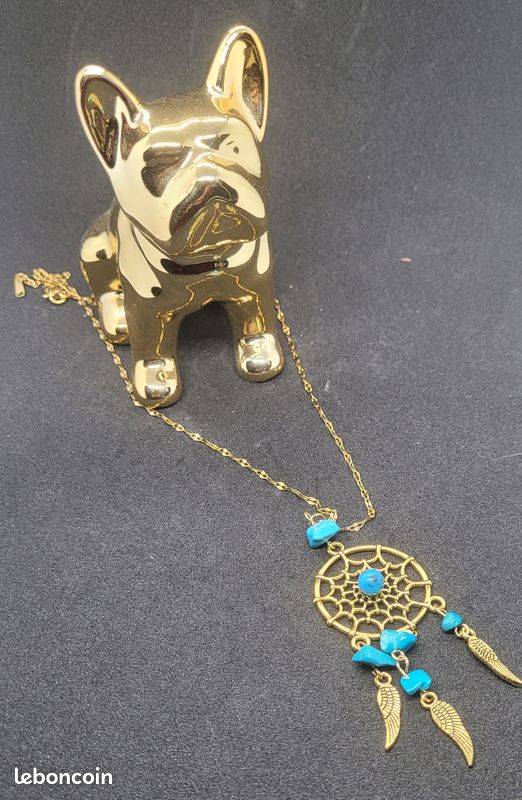 Pendentif Attrape Rêves sur chaine acier inoxydable dorée – Neuf – Turquoise (image 2)