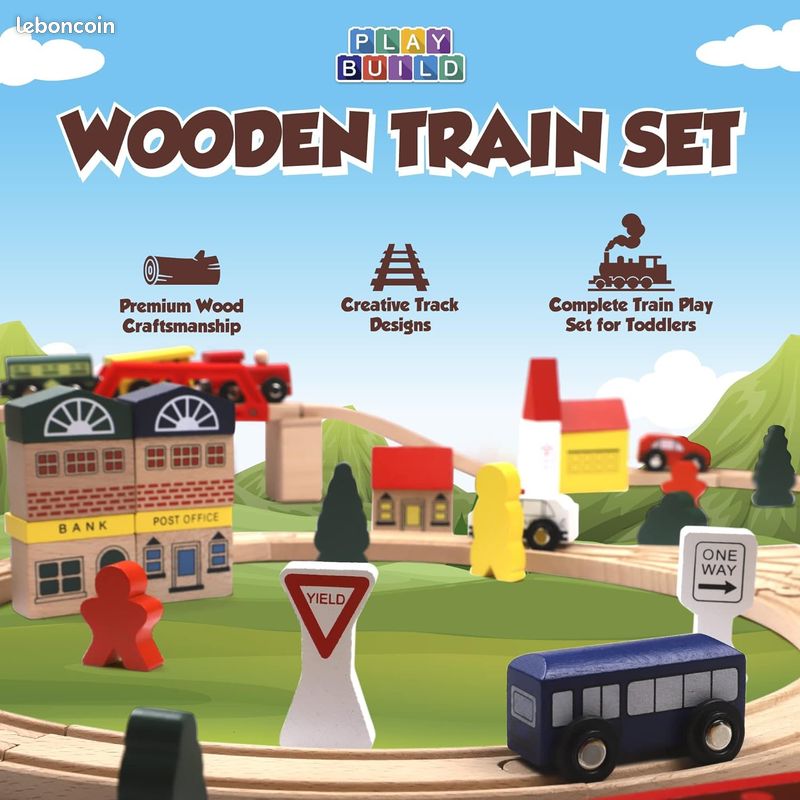 Play Build Ensemble De Train en Bois Enfant, Ensemble De Train Complet pour Tout-Petits, Ensemble De Jeu Et d'apprentissage Interactif De 100 Pièces, Conception Créative De Voie De Train Bois (image 3)