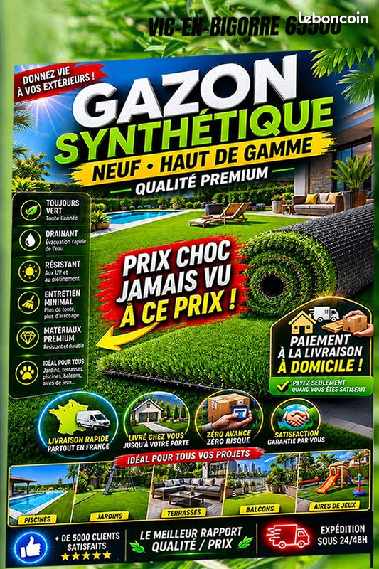 Destockage Gazon synthétique neuf Vic-en-Bigorre Haut de gamme 🌾 (image 1)