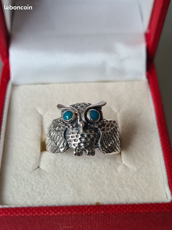 Bague Ancienne Argent Massif 925 - Tête De Hibou - Taille 57