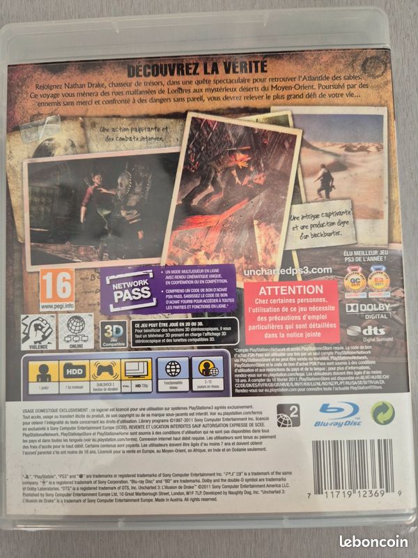 Jeu PS3 Uncharted 3 L'Illusion De Drake - Version PAL, Avec Notice, Vintage, Très Bon état
