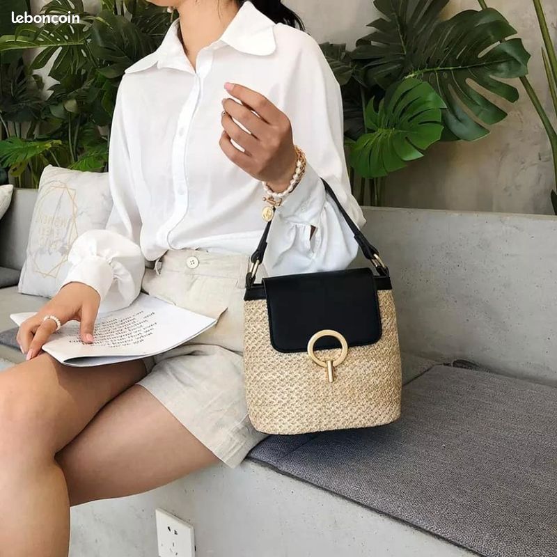 Sac à main bandouilère paille osier et simili cuir noir pour femme et fille printemps été (image 2)